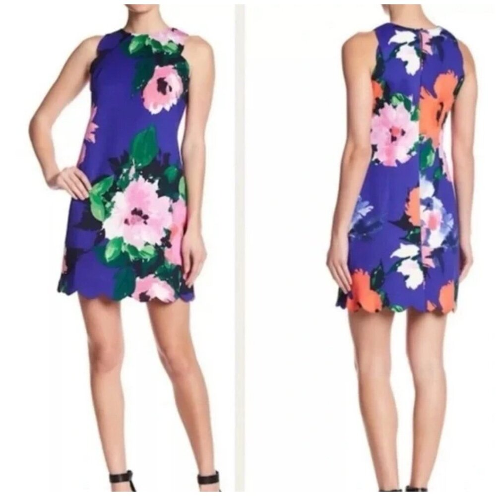 Vince Camuto Dress 10 Blue Pink Green Floral Stretch Colorful Washable NEW